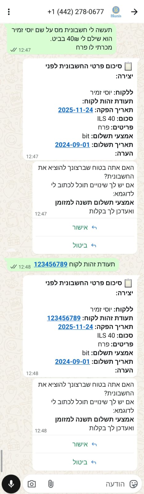יצירת חשבונית ושינוי רגע לפני היצירה